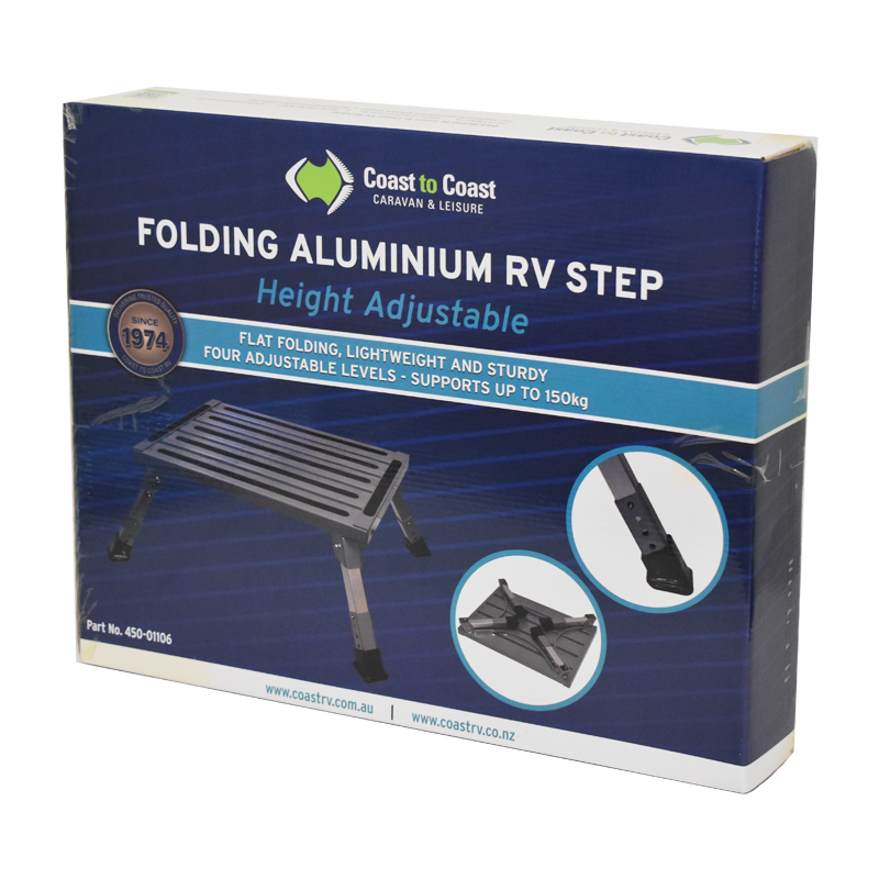 COAST Height Adjustable - Folding ALUMINUM RV Step (150KG Capacity)