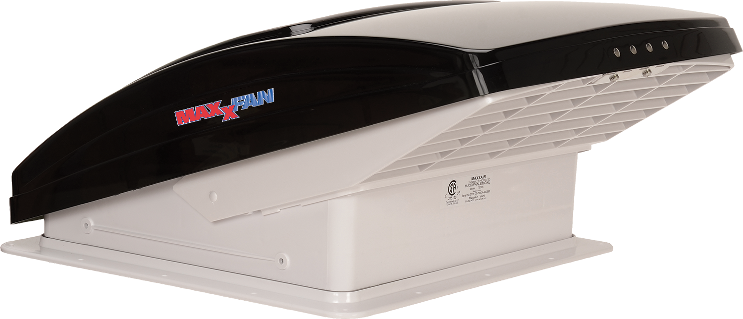 Maxxfan Deluxe - Smoke Rain Dome, T/Stat, Power Lift and Remote. 356x356mm