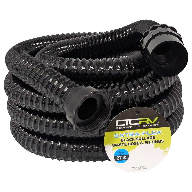 COAST RV EXTRA-FLEX Sullage Waste Hose with 40mm Fittings - 5m BLK Roll - 27mm I.D.