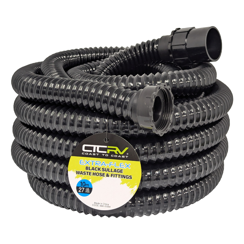 COAST RV EXTRA-FLEX Sullage Waste Hose with 40mm Fittings - 10m BLK Roll - 27mm I.D.