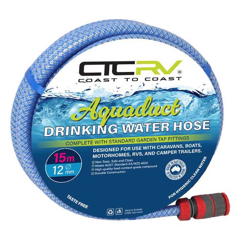 COAST RV Aquaduct 15m Blue Drinking Water Hose with Kit Fittings - 12mm
